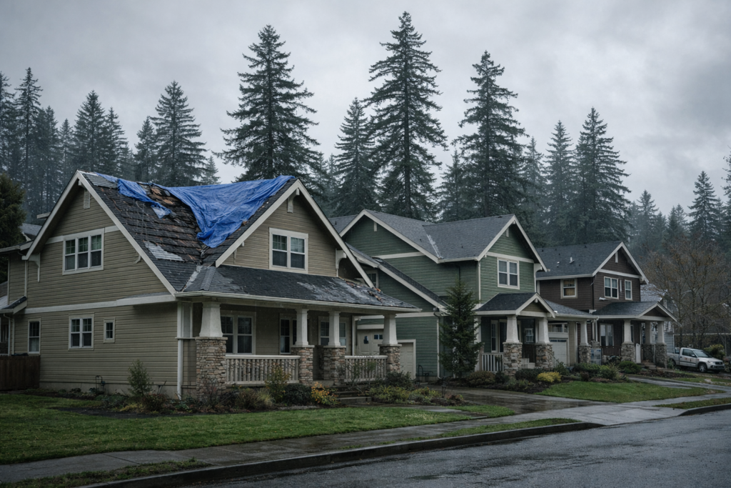 Wide shot of a residential neighborhood in Eugene, Oregon — craftsman-style homes, tall Douglas firs in the background, overcast sky. One home in the foreground shows visible roof damage and a tarp, while neighboring homes are untouched.