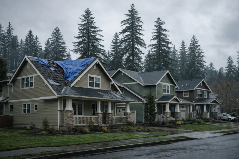 Wide shot of a residential neighborhood in Eugene, Oregon — craftsman-style homes, tall Douglas firs in the background, overcast sky. One home in the foreground shows visible roof damage and a tarp, while neighboring homes are untouched.