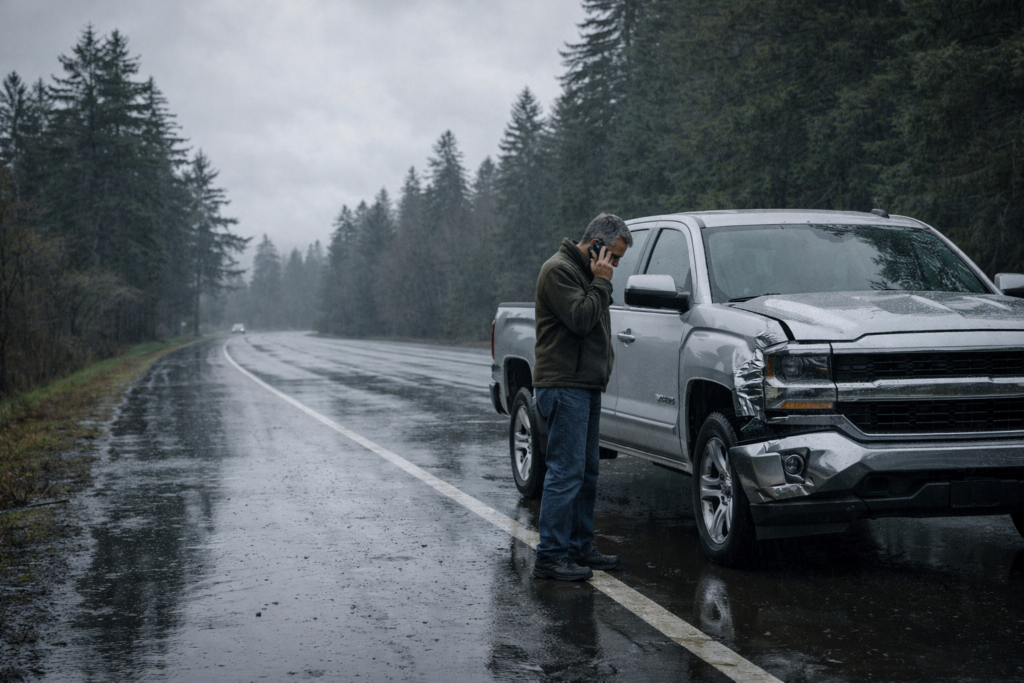 A late-model pickup truck pulled to the side of a wet Oregon highway after a fender-bender. The driver stands outside talking on his phone, looking at damage to the front quarter panel. Overcast sky, pine trees lining the road, puddles reflecting the gray light.
