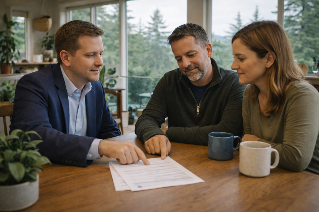 A man sits across a dining table from an Oregon couple in their 40s — Pacific Northwest home interior, wood tones, plants, overcast light. He's pointing to something specific on a document between them. Their body language is engaged and relaxed, not anxious. 