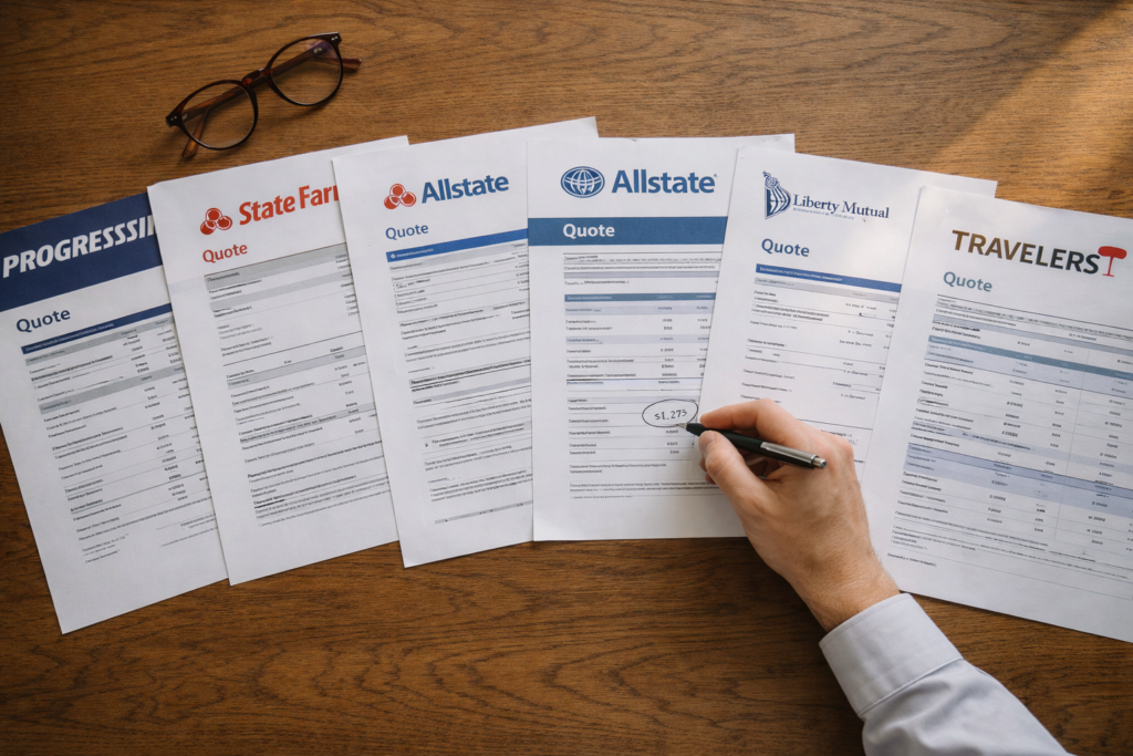 Overhead shot of a kitchen table with five or six printed insurance quote documents laid out side by side — different headers, different formats, clearly from different companies. A hand with a pen is circling a number on one of them.