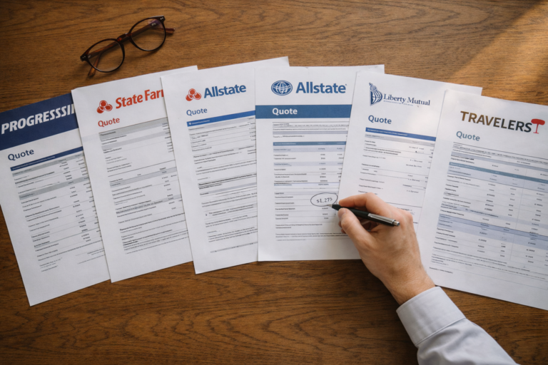 Overhead shot of a kitchen table with five or six printed insurance quote documents laid out side by side — different headers, different formats, clearly from different companies. A hand with a pen is circling a number on one of them.